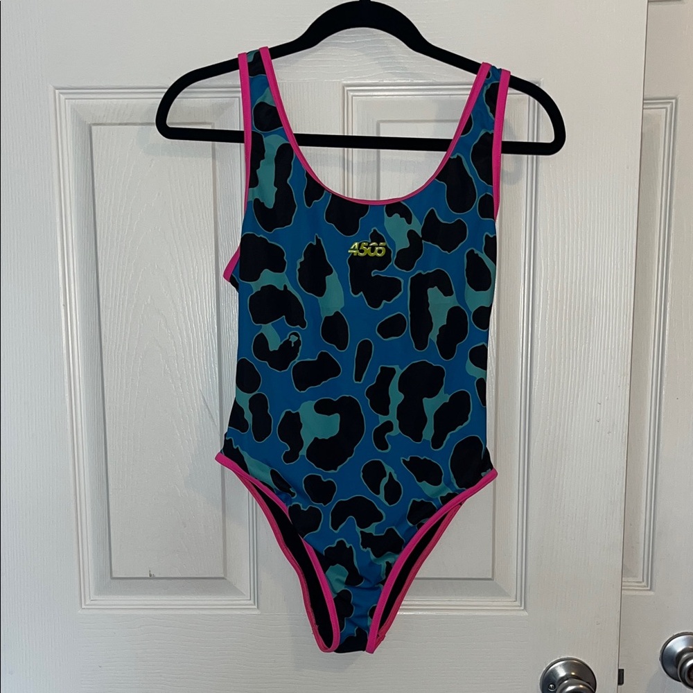 ASOS Blue Teal Leopard Print One-Piece Swimsuit with Pink Trim